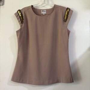 Red Valentino Tan Beige Cap Sleeve Blouse Top Beaded Shoulders 100% Silk Edgy